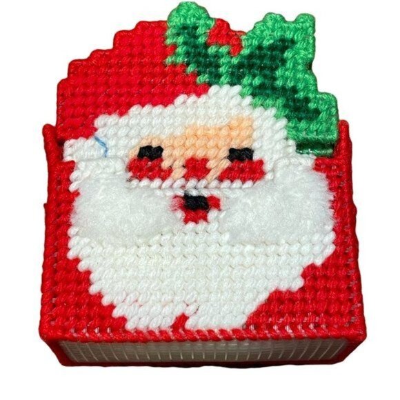 VTG Santa Claus Handmade Plastic Canvas Coasters Napkin Rings Set of 6 - Picture 6 of 11